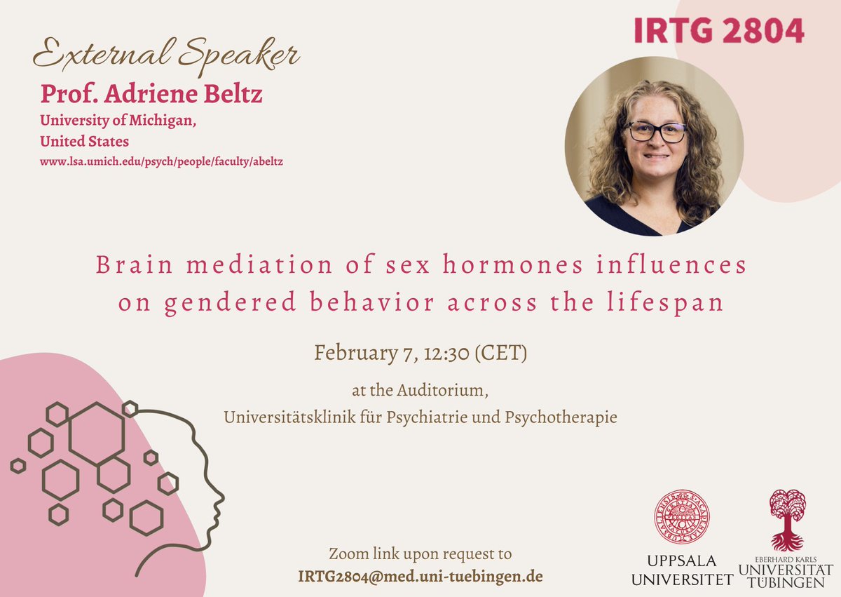 We are excited about this Wednesday's talk (Feb 7) by Prof. Dr. Adriene Beltz from the University of Michigan on Brain Mediation of Sex Hormones Influences on Gendered Behavior Across the Lifespan. Join us in exploring the intersection of neuroscience and gender studies!