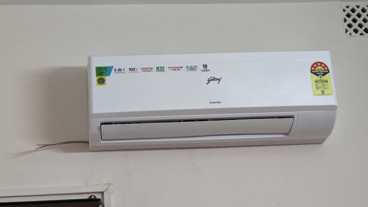 MonaliiSengupta's tweet photo. Apparently if you buy @GodrejAppliance split AC they don't provide a plug. The technician assembling it said we should get an electrician to plug it &amp; start the AC. So the AC is installed now, but there just for show. Perhaps we need to  imagine the cool air till the plug arrives https://t.co/fmLocKzhdC
