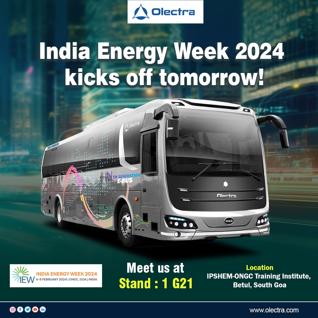 Head to the #Olectra Stand #1G21 at the #indiaenergyweek2024 to know about our electrifying #sustainable #transport solutions. #indiaenergyweek #IEW #IEW2024 #FIPI #1G21 #Goa #ElectricVehicles
