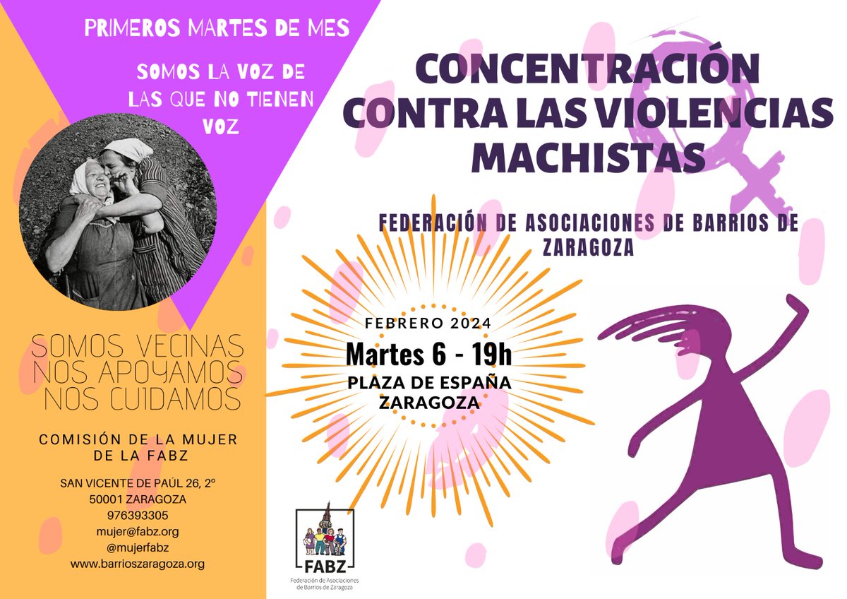 El próximo MARTES LILA será el 6 de febrero de 2024, la Comisión de la Mujer de la FABZ convoca a toda la ciudadanía a una concentración contra las violencias machistas a las 19h en la plaza de España. #SomosLaVozDeLasQueNoTienenVoz
