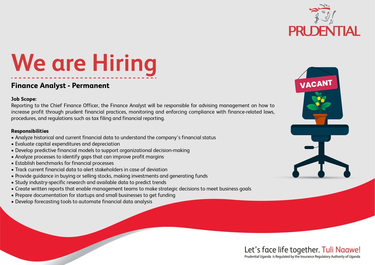PrudentialUG's tweet image. Now Hiring: Finance Analyst ( Permanent Position)

Think you&apos;re the perfect fit? Apply now and take the first step towards a rewarding career with us.

View job scope &amp;amp; application details attached :

Apply by 14th February 2024

#JobOpening
#FinanceAnalyst