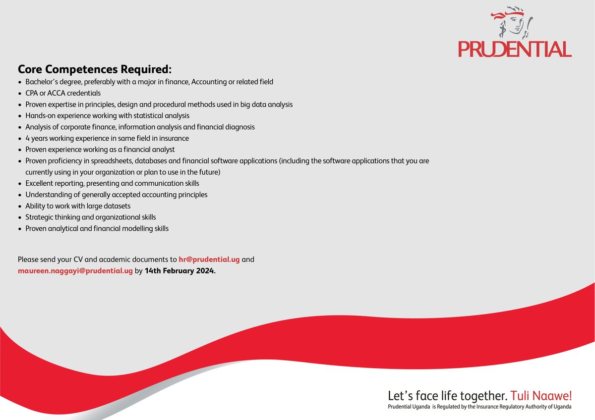 PrudentialUG's tweet image. Now Hiring: Finance Analyst ( Permanent Position)

Think you&apos;re the perfect fit? Apply now and take the first step towards a rewarding career with us.

View job scope &amp;amp; application details attached :

Apply by 14th February 2024

#JobOpening
#FinanceAnalyst