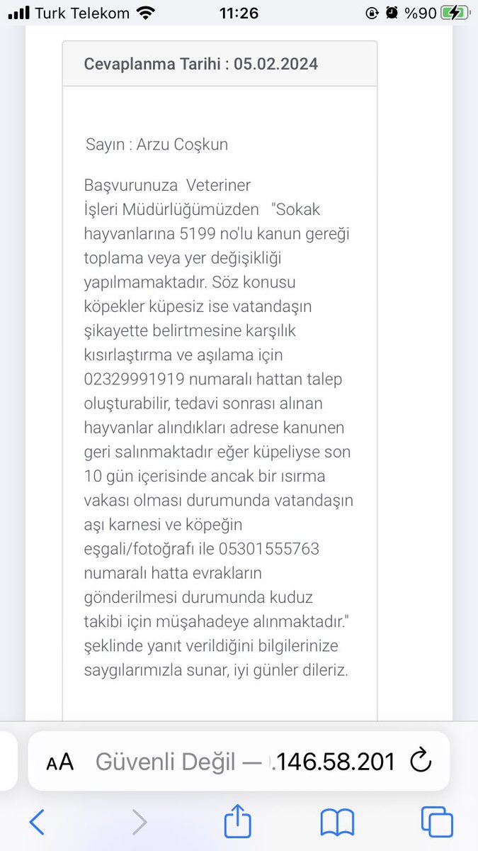 Mahalle köpeği tarafından ısırılmış olup belediyeye yapmış olduğum şikayetin cevabı..kardeşim halkın söylediklerine kulak verip en azından zarar veren başıboş köpeği toplamalısınız..küpesi var diye ısırılmasına müsade mi edelim?
@profUzman16 @medihaatesh 
@bornovabld @izmirbld