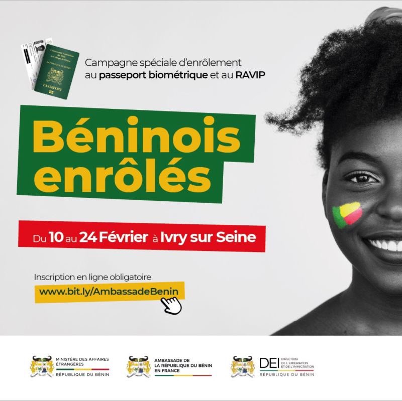 🇧🇯 𝐁𝐞́𝐧𝐢𝐧𝐨𝐢𝐬 𝐝𝐞 𝐅𝐑𝐀𝐍𝐂𝐄 𝐞𝐭 𝐝𝐞𝐬 𝐚𝐮𝐭𝐫𝐞𝐬 𝐩𝐚𝐲𝐬 𝐝’𝐄𝐔𝐑𝐎𝐏𝐄, 𝐨𝐛𝐭𝐞𝐧𝐞𝐳 𝐯𝐨𝐭𝐫𝐞 𝐑𝐀𝐕𝐈𝐏 𝐞𝐭/𝐨𝐮 𝐫𝐞𝐧𝐨𝐮𝐯𝐞𝐥𝐞𝐳 𝐯𝐨𝐭𝐫𝐞 𝐏𝐀𝐒𝐒𝐄𝐏𝐎𝐑𝐓 𝐚̀ 𝐜𝐨𝐦𝐩𝐭𝐞𝐫 𝐝𝐮 𝟏𝟎 𝐅𝐞́𝐯𝐫𝐢𝐞𝐫 𝟐𝟎𝟐𝟒.

Si vous êtes béninois de la
