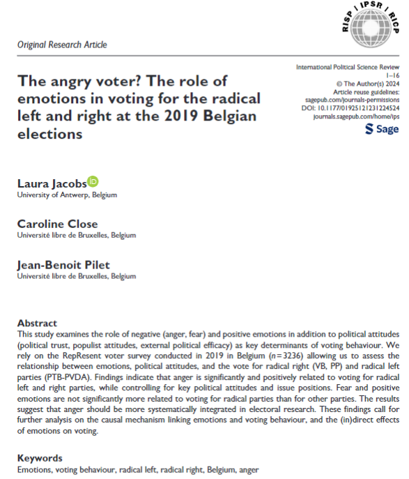 Happy to see this new publication 'The angry voter' (w/ Caroline Close & @jbpilet) out in @IPSR_Journal. We find that, next to ideological considerations, anger -but not positive emotions or fear- drives voting for radical right ànd left parties in 🇧🇪. @SciencePoULB @m2p_be