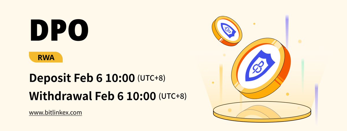 BitlinkEX will be introducing $DPO deposit and withdrawal features! Here are the important dates you need to know:

Token Details:
🔹 Token Symbol: $DPO
🔹 Total Supply: 1,000,000,000,000
🔹 Blockchain Explorer: 0xAE803b48d7dc625D89AAd7eaCae61f17B37F3F4C

📅 Deposit Date: