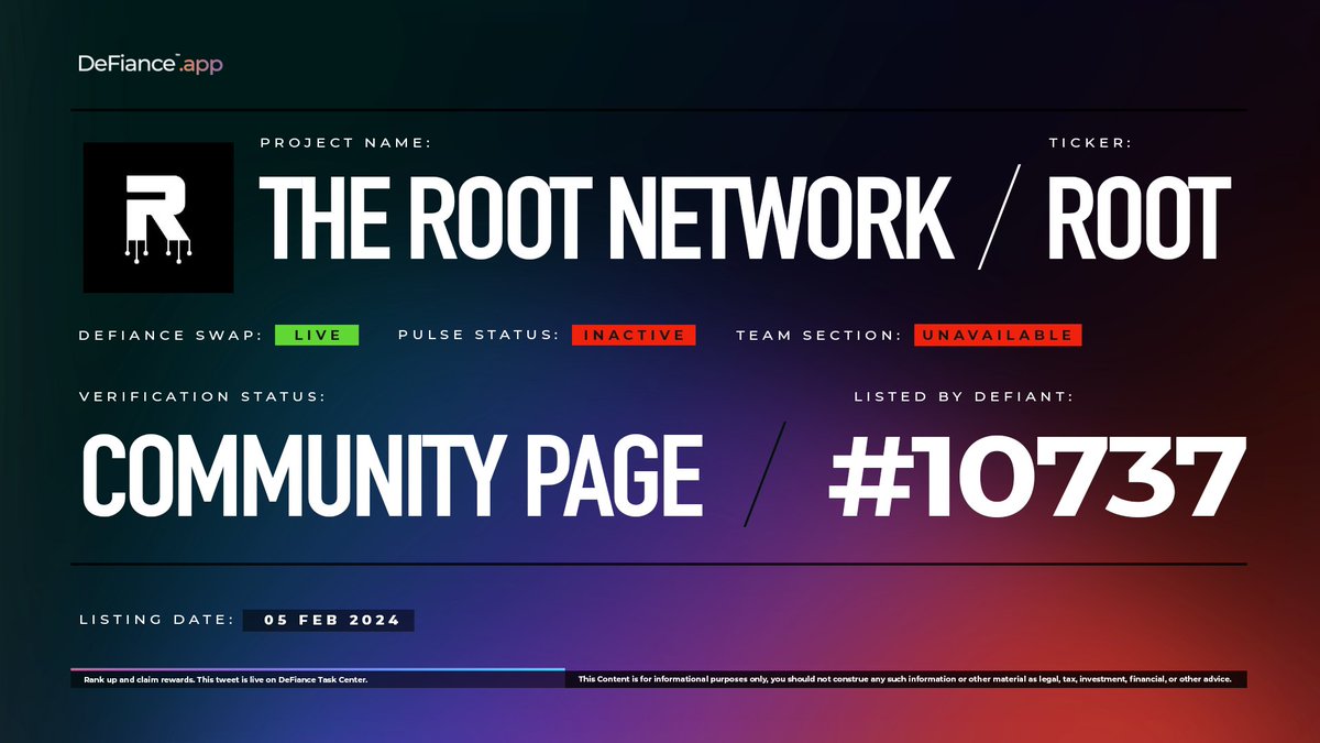 .@TheRootNetwork community page is now live on DeFiance.app/project/The_ro…. $ROOT is now listed on #DeFianceSwap. The Root Network is purpose-built for the open metaverse with core, UX and digital content focused protocols to enable seamless user experience and enhanced asset…