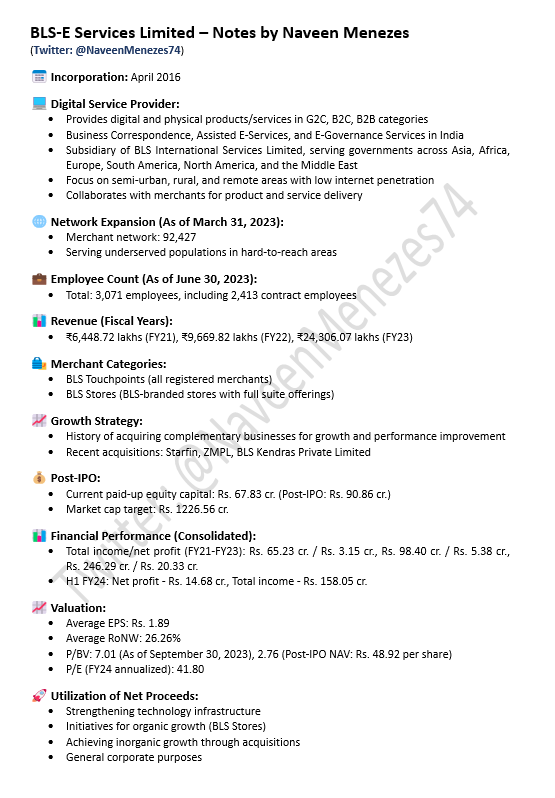 NaveenMenezes74's tweet image. BLS E-Services IPO, valued at Rs 310.91 crores, consists of a fresh issue of 2.3 crore shares. Bidding took place from January 30 to February 1, 2024, with allotment finalized on February 2, 2024. The IPO will list on BSE and NSE on Tuesday, February 6, 2024. 📈🎉 #BLSEServices