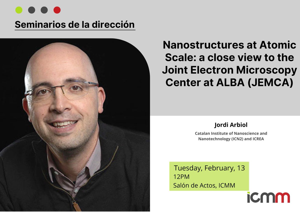 Instituto de Ciencia de Materiales Madrid - CSIC (@icmm_csic) on Twitter photo 🔬 Nanostructures at Atomic Scale: a close view to the Joint Electron Microscopy Center at ALBA (JEMCA)
👀New Director's Team Seminar
👉By <a href="/jarbiol/">Jordi Arbiol 🔬😉</a>
📅February, 13th at 12PM
📌Salón de Actos, ICMM
➡️ More info: icmm.csic.es/en/seminar-nan… 🔬 Nanostructures at Atomic Scale: a close view to the Joint Electron Microscopy Center at ALBA (JEMCA)
👀New Director's Team Seminar
👉By <a href="/jarbiol/">Jordi Arbiol 🔬😉</a>
📅February, 13th at 12PM
📌Salón de Actos, ICMM
➡️ More info: icmm.csic.es/en/seminar-nan…