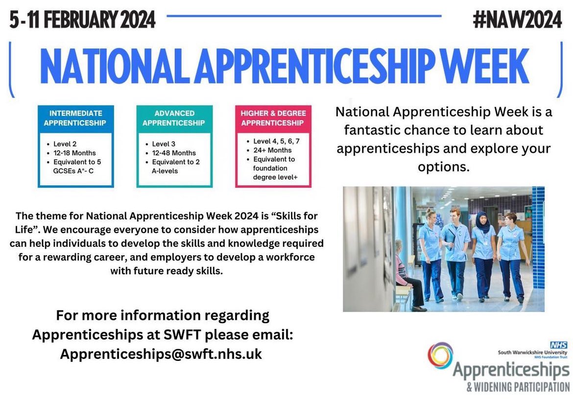 NATIONAL APPRENTICESHIP WEEK ‼️ Monday 5th - Sunday 11th February 2024✨ This week we will be celebrating our existing Apprentices and promoting all our apprenticeship opportunities, here at SWFT! 📧 apprenticeships@swft.nhs.uk for further information.