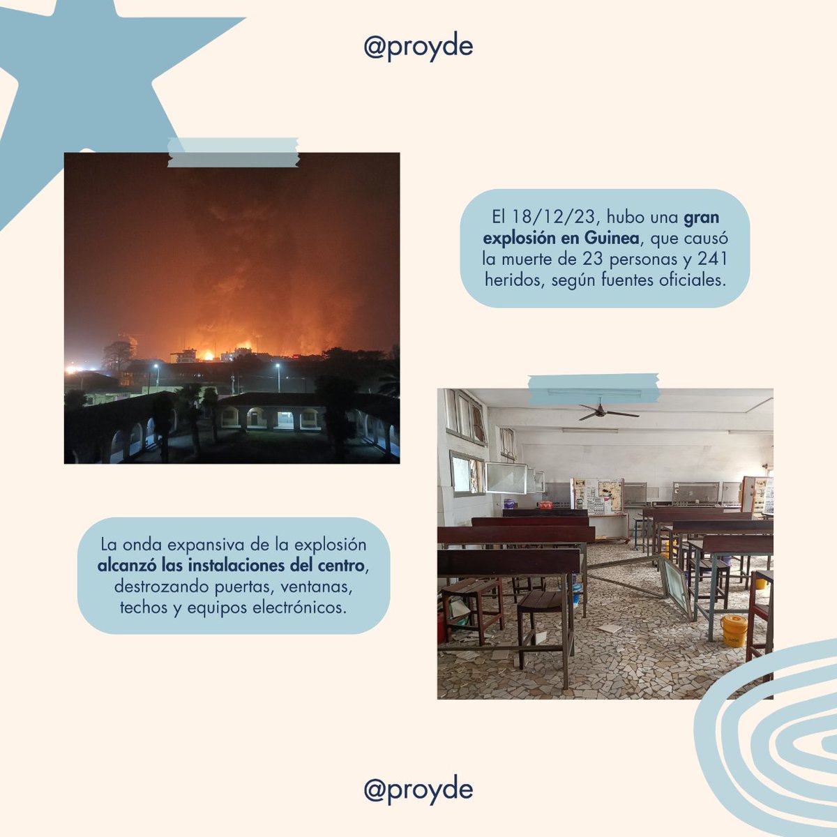 PROYDE's tweet photo. 🔴 Necesitamos tu ayuda 

El 18/12/23, una gran explosión en Guinea afectó a las instalaciones y equipos del Centro de F.P. de La Salle.

Los fondos recaudados irán a rehabilitar las aulas y adquirir nuevos equipos, para retomar las clases con seguridad y normalidad #apoyoConakry https://t.co/uVysYQtBUw