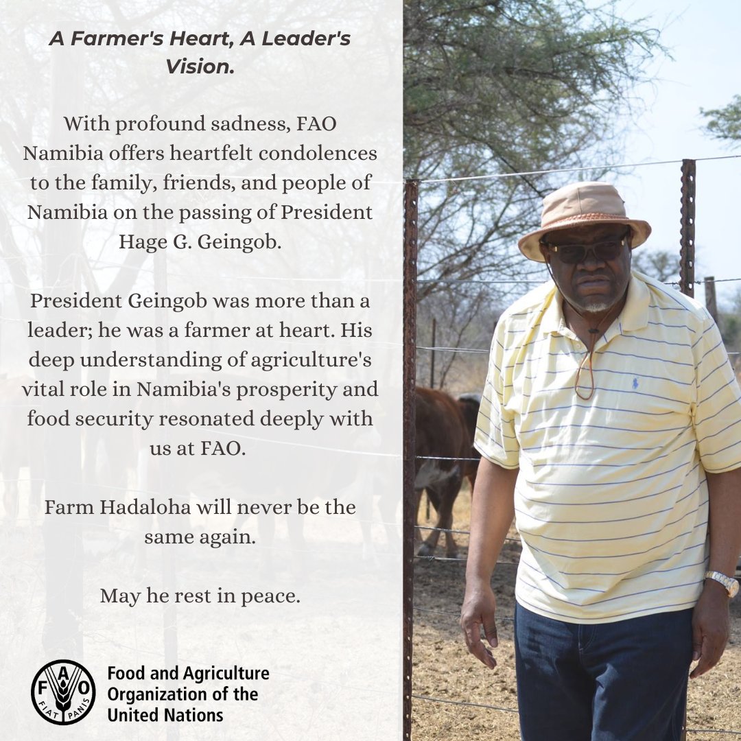 Saddened by the passing of President @hagegeingob, a champion for Namibian agriculture and a visionary leader. His dedication to food security and sustainability leaves a lasting legacy. We offer our deepest condolences.