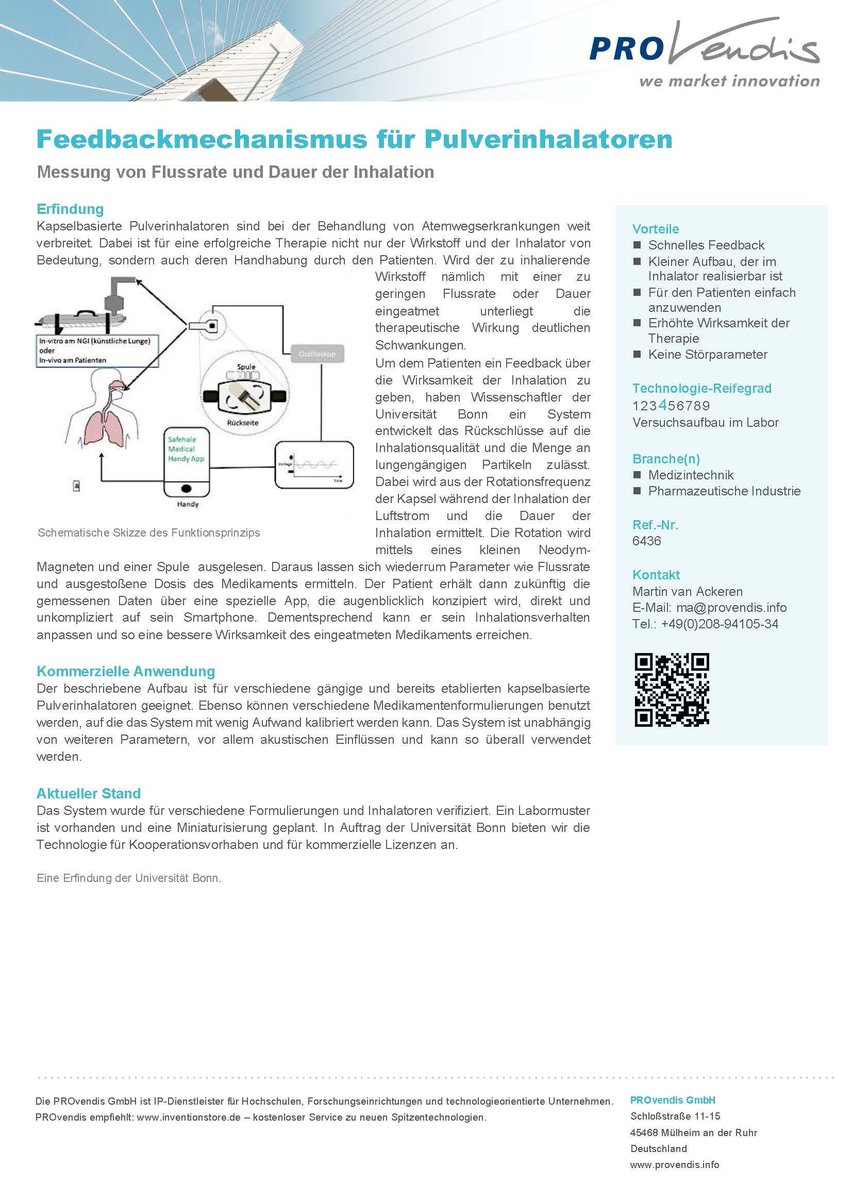 Neu in unserem #Medizintechnik Portfolio: Feedbackmechanismus für Pulverinhalatoren. Erfindung @UniBonn erlaubt Rückschlüsse auf Inhalationsqualität & Menge der eingeatmeten Partikel - einfach auszulesen per App. Technologieangebot: provendis.info/ta-6436 #WeMarketInnovation