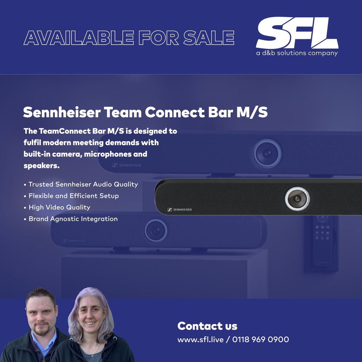 AVAILABLE FOR SALE - <a href="/Sennheiser/">Sennheiser</a> TeamConnect Bar M/S

Part of the Sennheiser TeamConnect Family, the TeamConnect Bar M/S is designed to fulfil modern meeting demands with built-in camera, microphones and speakers. 

Contact our team on 0118 969 0900 or email info@sflgroup.co.uk