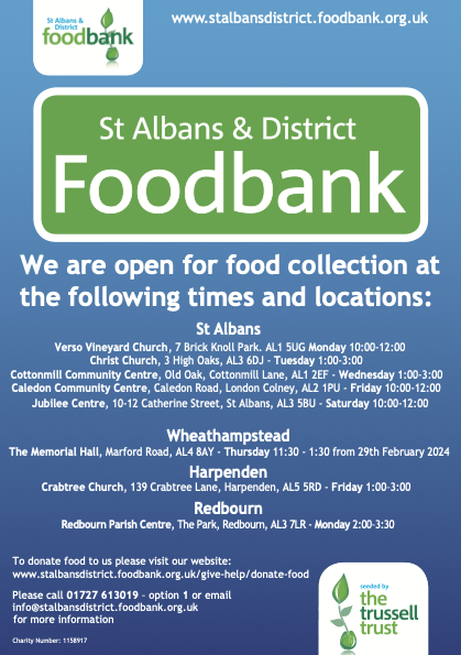 We are relocating our Wheathampstead Foodbank at the end of this month.

These changes are designed to enhance accessibility and will help us to improve our services.

#StAlbansandDistrictFoodbank #Wheathampstead