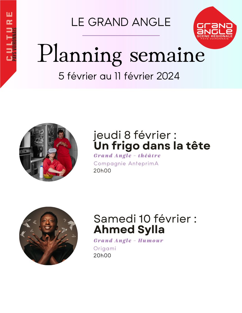 Le Planning de la semaine au Grand Angle avec du théâtre et de l'humour ! 🎭
