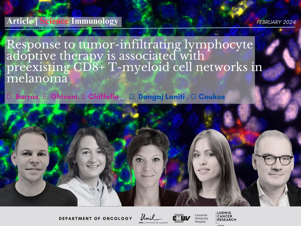 💡NEW study from Barras et al.  in melanoma patients shows T cell-myeloid cellular networks mediate response to adoptive T cell therapy, in <a href="/SciImmunology/">Science Immunology</a> 
#CancerResearch #cancerday 
<a href="/CoukosGeorge/">George Coukos</a> <a href="/DangajD/">Denada Dangaj</a> <a href="/Ludwig_Cancer/">Ludwig Cancer</a>  <a href="/unil/">Université de Lausanne</a> <a href="/CHUVLausanne/">CHUV / Centre hospitalier universitaire vaudois</a> 
➡️news.unil.ch/display/170712…
