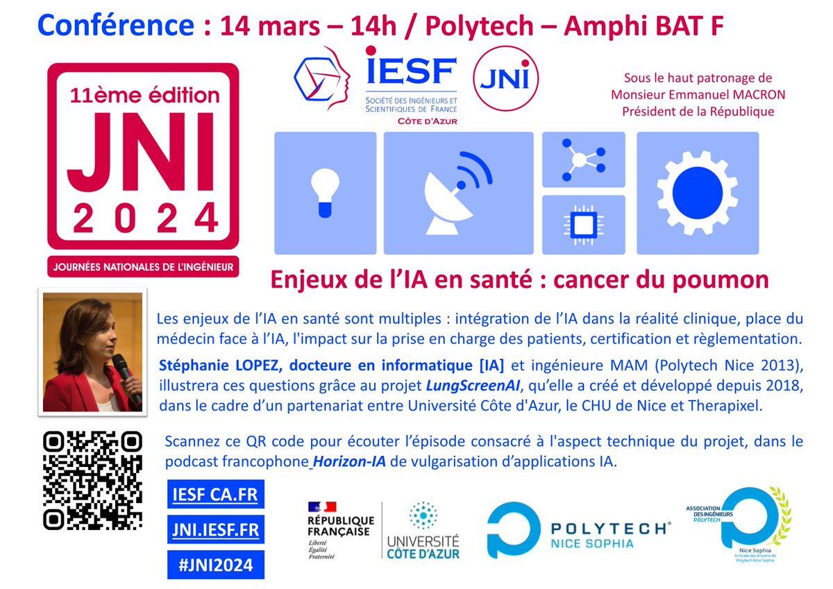 A noter dans vos agendas Jeudi 14 Mars 2024 à 14h00 dans le cadre des #JNI2024 <a href="/IESFfrance/">IESF</a> organise une conférence amphi Bâtiment F <a href="/PolytechNSophia/">Polytech Nice Sophia</a> animée par Stéphanie Lopez: Enjeux de l’IA en santé : cancer du poumon
