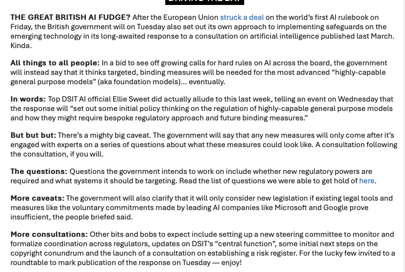 🇪🇺EU Act: Done✅. Now it's the Brits' turn to set out their approach to the emerging technology 🇬🇧. Here's what to expect from their response on Tuesday, via the POLITICO Pro Morning Technology UK newsletter. w/ @JoeBambridge1 @TomSBristow @llaurieclarke @oscwilliams