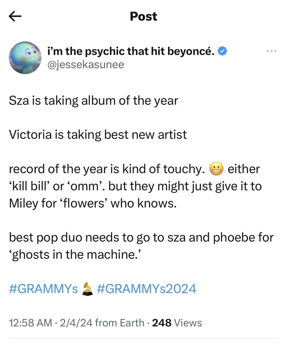 JZAkinto's tweet image. 3/4 ain’t bad even tho it should’ve been 4/4 but we shall persist! @sza @VictoriaMonet 🌱🔮🪬🤍 #idontmiss #GRAMMYs
