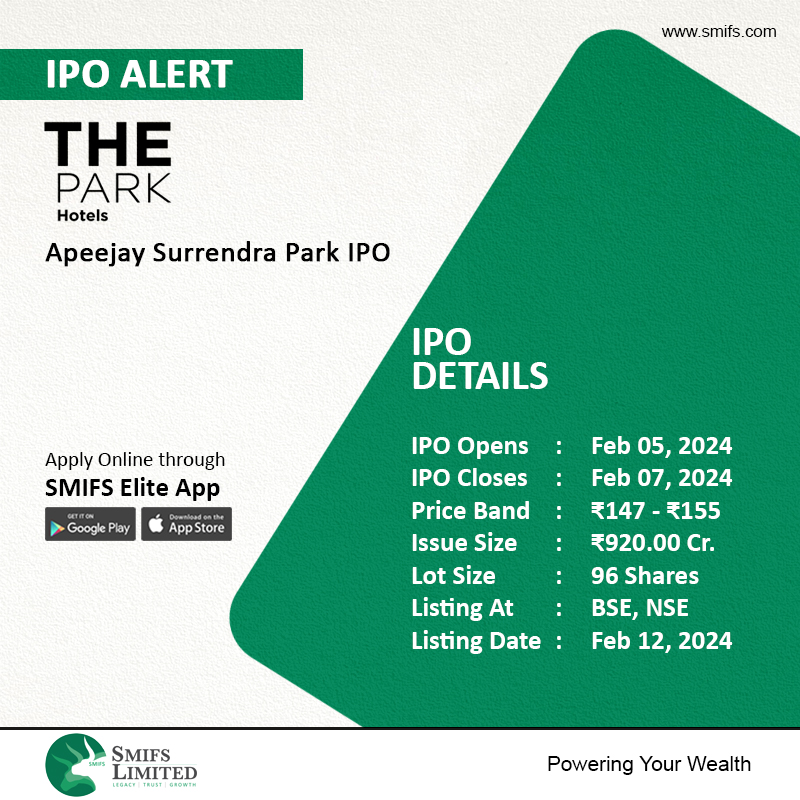 SmifsLimited's tweet photo. 🚨IPO ALERT:
Apeejay Surrendra Park Hotels Limited #IPO | Price band ₹147 - ₹155
Apply Online with SMIFS Elite
👉Playstore : https://t.co/am9c6uK0Eg
👉Appstore : https://t.co/E3mQvco0kt
#investinipo #ipoapplication #ipoalert https://t.co/LomnV4EZrS