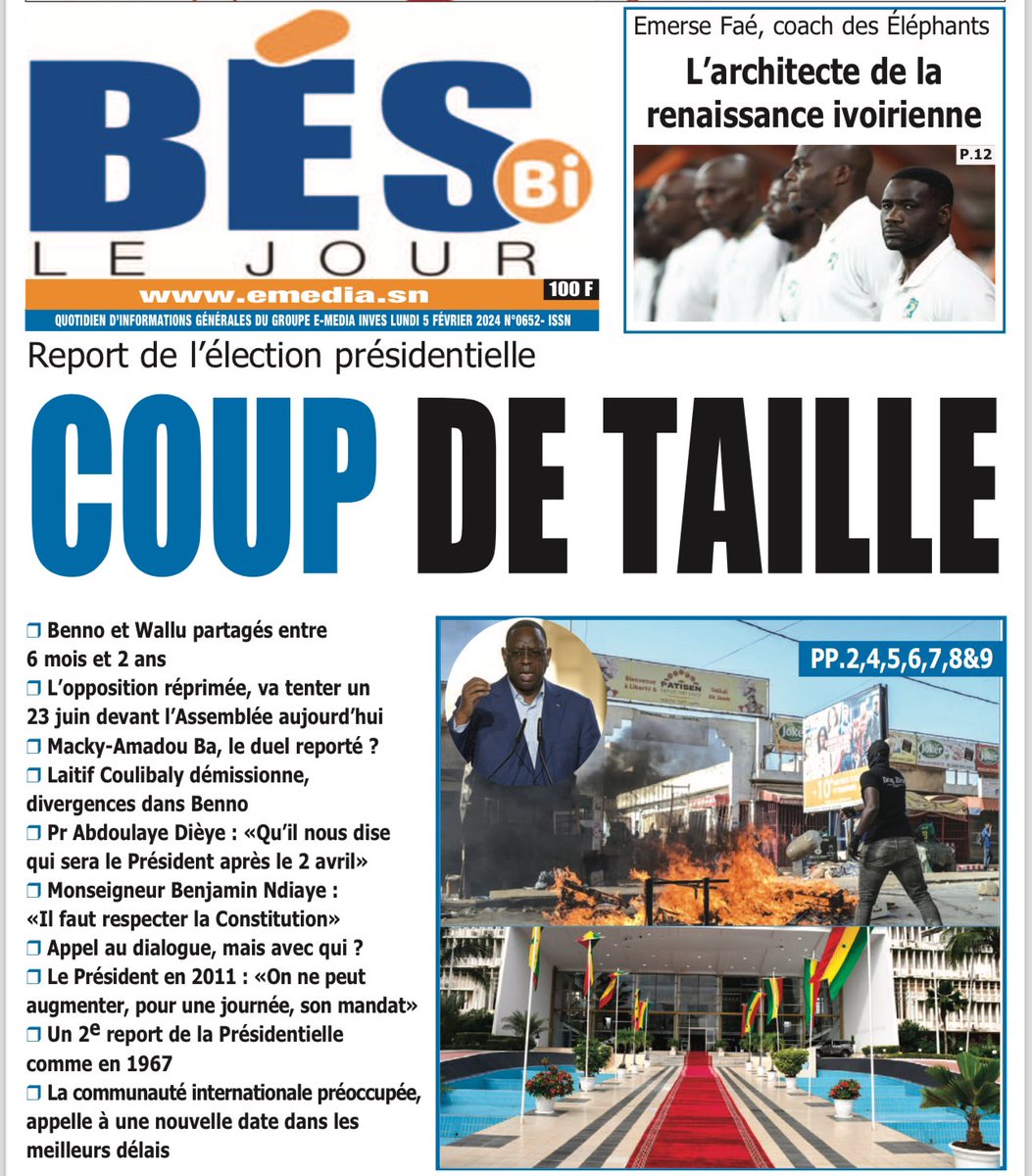 emediasn's tweet photo. La Une du journal BÉS BI de ce lundi 05 février 2024
Emedia c’est l’information certifiée
#emedia #kebetu https://t.co/6ZmZDh0o0D
