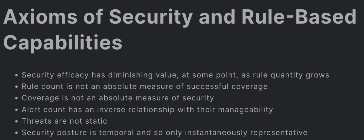 br0k3ns0und's tweet photo. I have been working on a pretty extensive detection engineering series for a while now. I wanted to start sharing some tidbits in the mean time.

Axioms of Security and Rule-Based Capabilities

https://t.co/yiJ4DkMnTD

I use these as a basis of truth for many things #DetectionEngineering