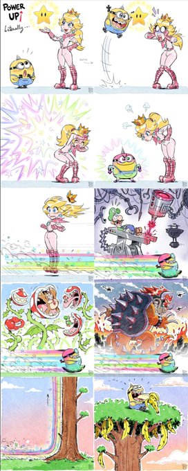 One piece of official Super Mario Bros. Movie concept art depicts Otto the Minion acquire a super star item and go on a mad dash across the mushroom kingdom, including a panel where Luigi is about to get his cock and balls melted by Dr. Eggman from the Sonic the Hedgehog series. 