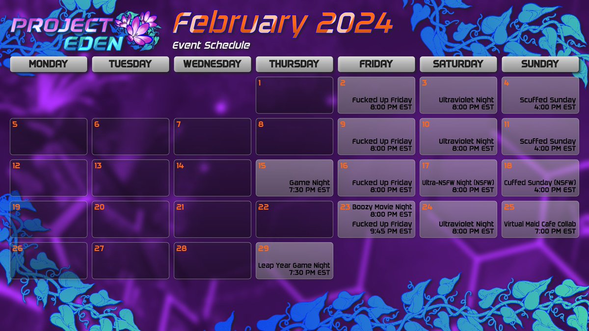 ProjectEdenVR's tweet photo. Back to posting our monthly calendars here!

Our events for January 2024

Ultraviolet Night and Scuffed Sunday are our dance events.
Fucked Up Friday are our drinking events

if you want to join in, head to https://t.co/8t6ClkGT30 https://t.co/8o5y8LrH8R