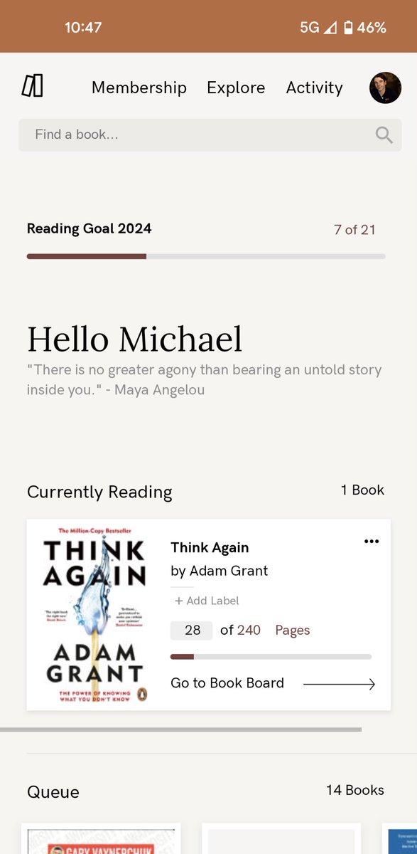 It's only Feb 4th and we are on a roll! 

Already 33% to my annual reading goal of 21 books 📚

I really enjoy using <a href="/Italic_Type/">Italic Type</a> to track my progress and reading history.

Huge shout out to <a href="/ea_sportz/">Emily Achler</a> and her team for creating an amazing experience for readers everywhere 👏👏👏