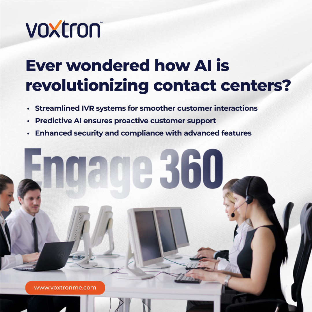 Voxtronsolution's tweet image. Dive into the future of contact centers with Engage 360! Explore AI&apos;s key benefits, from advanced IVR systems for streamlined inquiries to boosted security and compliance. 

Learn more: voxtronme.com/solution/iris-…
.
.
#AIinContactCenters #CustomerService #Innovation #voxtronme #uae