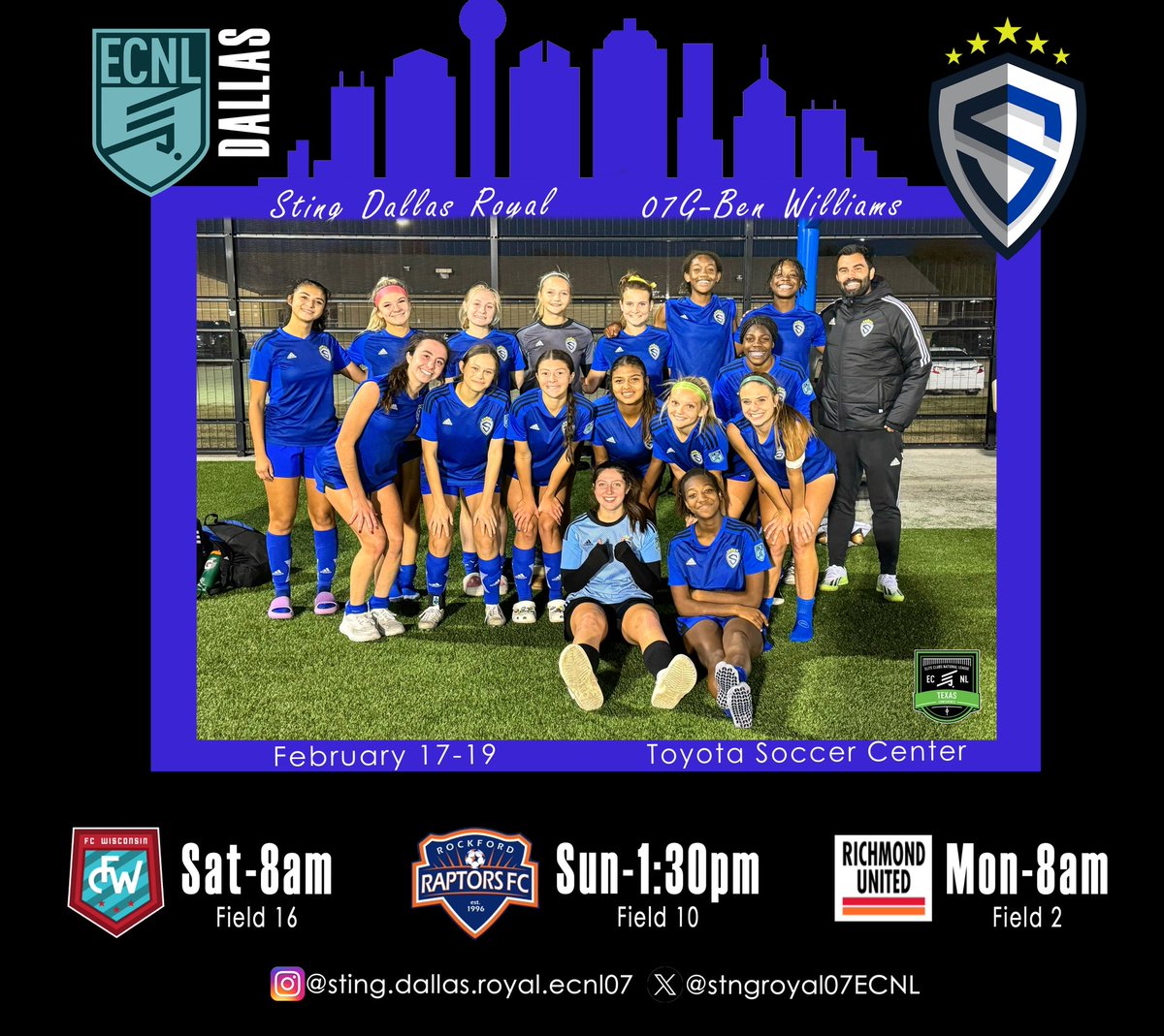 Sting Royal 07 ECNL (@stngroyal07ecnl) on Twitter photo 2 more weeks!
#ECNLDallas schedule!
Come see these talented girls play! <a href="/ECNLgirls/">ECNL Girls</a> <a href="/EcnlTexas/">ECNL Girls Texas Conference</a> <a href="/Bplwilliams/">Ben Williams</a> <a href="/ImYouthSoccer/">ECNL/GA/Recruiting/College Soccer</a> <a href="/ImYouthSoccer/">ECNL/GA/Recruiting/College Soccer</a> <a href="/PrepSoccer/">Prep Soccer ⚽️</a> <a href="/top_drawer41498/">TopDrawerSoccer</a> 2 more weeks!
#ECNLDallas schedule!
Come see these talented girls play! <a href="/ECNLgirls/">ECNL Girls</a> <a href="/EcnlTexas/">ECNL Girls Texas Conference</a> <a href="/Bplwilliams/">Ben Williams</a> <a href="/ImYouthSoccer/">ECNL/GA/Recruiting/College Soccer</a> <a href="/ImYouthSoccer/">ECNL/GA/Recruiting/College Soccer</a> <a href="/PrepSoccer/">Prep Soccer ⚽️</a> <a href="/top_drawer41498/">TopDrawerSoccer</a>