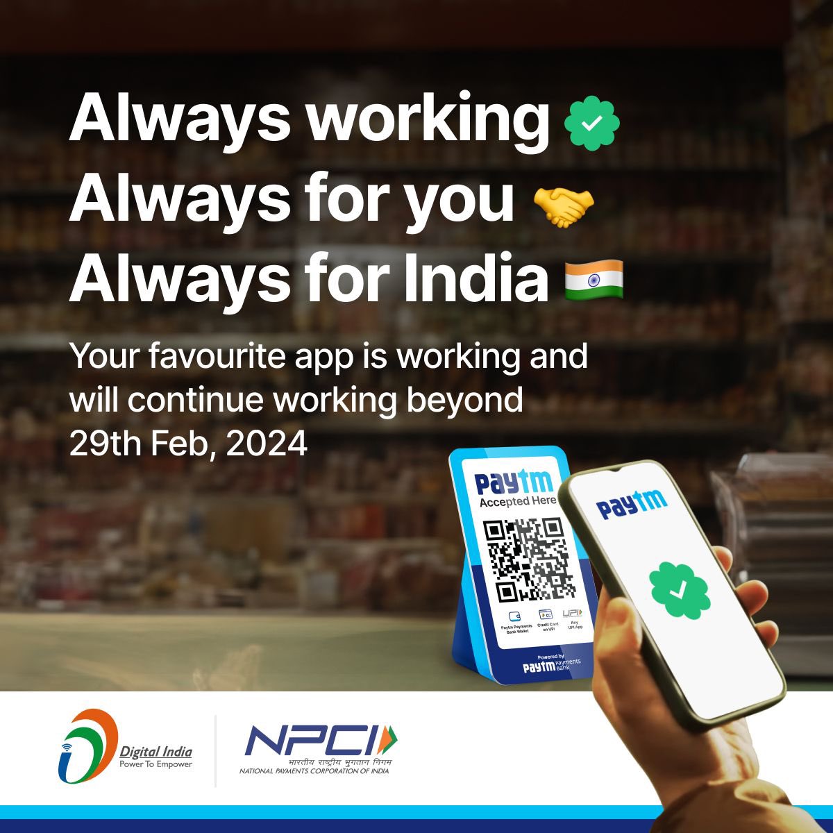 Paytm's tweet photo. Always working, always for you and always for India 🇮🇳 

#Paytm is partnering with third party banks to ensure continued services 

#PaytmKaro #DigitalIndia https://t.co/XrSZIP27Fz