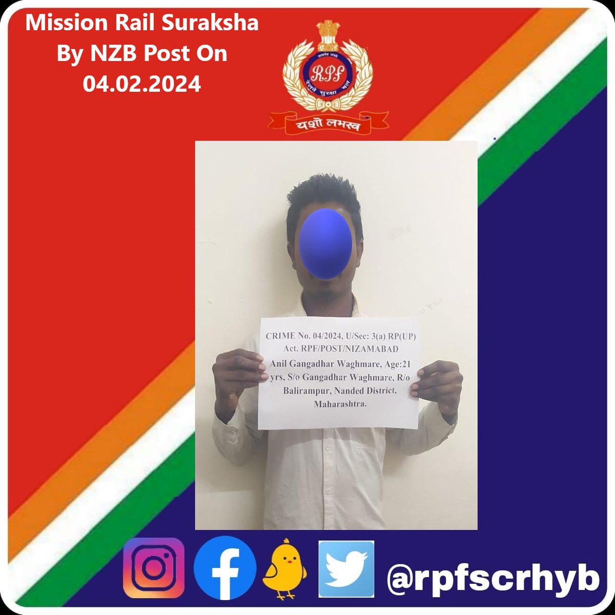rpfscrhyb's tweet photo. #Operation mission Suraksha On 04.02.24 ASIPF/DAB along with staff apprehended one person found in unlawful possession of 02Nos Railway fish plates total value Rs. 2400/- seized the said railway material and registered case.
@RPF_INDIA https://t.co/4Dcbdcdq11