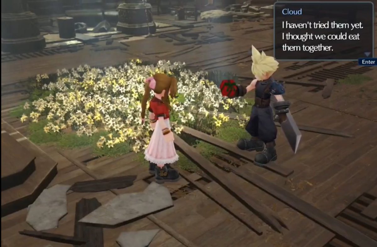 I dont know all the details to this event but Cloud gets a (Valentines day!?!!) chocolate gift and immediately wants to eat them with Aerith. 

#clerith #クラエア #FFVIIEC