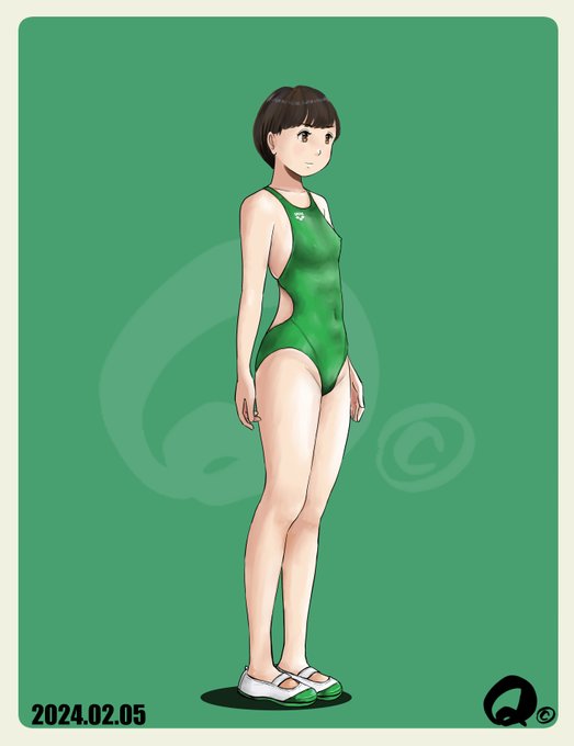 2/5㊊今週もよろしくお願いします最近は競泳水着多めに描いてま～すうちの子サチはおっぱい控えめですが競泳水着はよく似合う 