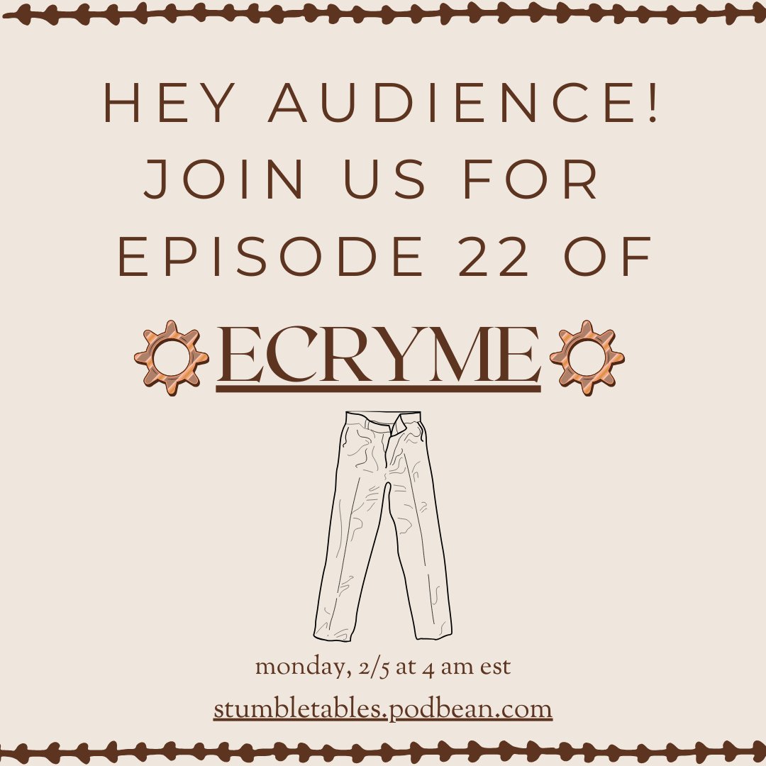 StumbleTables's tweet photo. We are closing in on the season 1 finale of Ecryme! Come join us for an episode about pants! 😂
https://t.co/AR6DJBn1kJ
#stumbletablesentertainment #stumbletables #opensesamegames #ecryme #actualplaypodcast #actualplaypodcasts #ttrpgcommunity #ttrpgs #ttrpg #podcasts #steampunk https://t.co/Qg1tNJxK1x