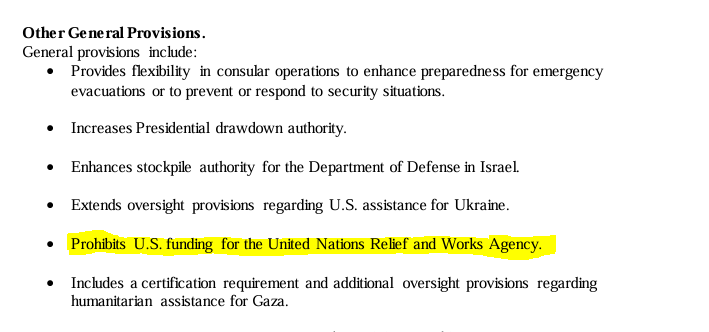 8/ Stödet till palestinier i Gaza ser annorlunda ut.

 - 9,2 mdr i globalt humanitärt stöd - där Gaza/Västbanken nämns som två möjliga mottagare. Hittar dock ej mer info om detta. 
- 10 milj. dollar för att granska hur stödet till Gaza används.
- Förbud mot att ge UNWRA pengar.