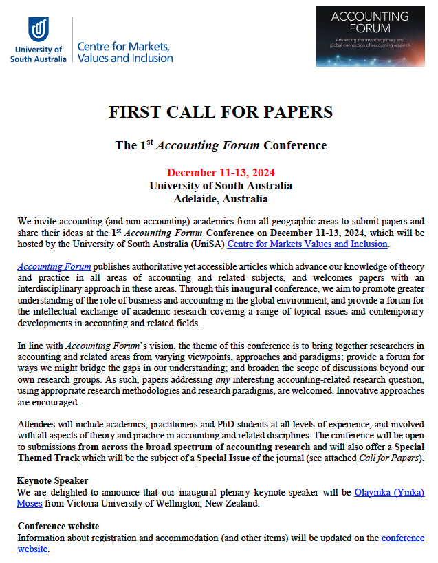 TandF_AccForum's tweet photo. FIRST CALL FOR PAPERS!!!
The 1st Accounting Forum Conference
December 11-13, 2024
@UniversitySA, Adelaide, Aust
@charlescho7705 @Tilt0001 
https://t.co/r6G7cZgkm1 https://t.co/Hi9sG2g7EA