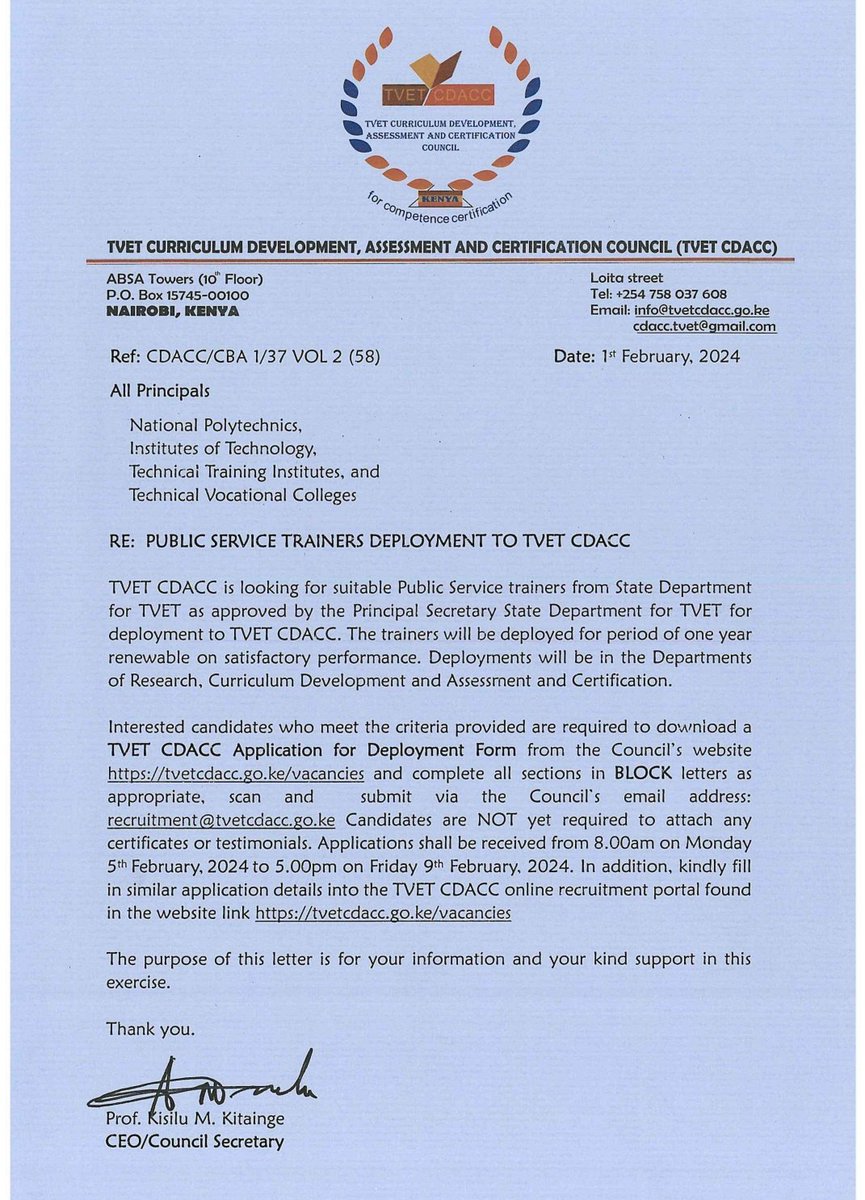 cdacc_tvet's tweet photo. Updates:

Good News to All Public Service trainers!

TVET CDACC is looking for suitable trainers from the State Department for TVET for deployment to TVET CDACC. Visit our website under vacancies to apply.
Deadline is Friday 9th February, 2024 5:00pm

https://t.co/NTo2nB7GZI https://t.co/0t5jCswsTC