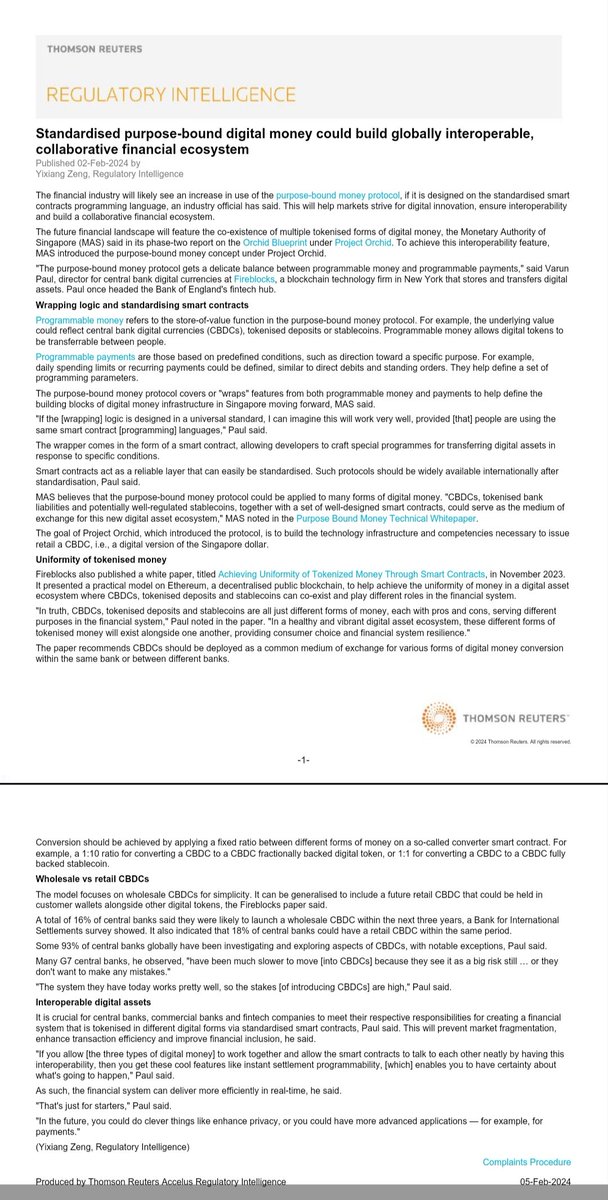 My latest analysis piece on tokenised digital money, published on Feb. 2. 

regintel-content.thomsonreuters.com/document/IFCD1…

#purposebounddigitalmoney #CBDCs  #tokeniseddigitalmoney #stablecoins #tokeniseddeposits #projectorchid #orchidblueprint <a href="/FireblocksHQ/">Fireblocks</a>
