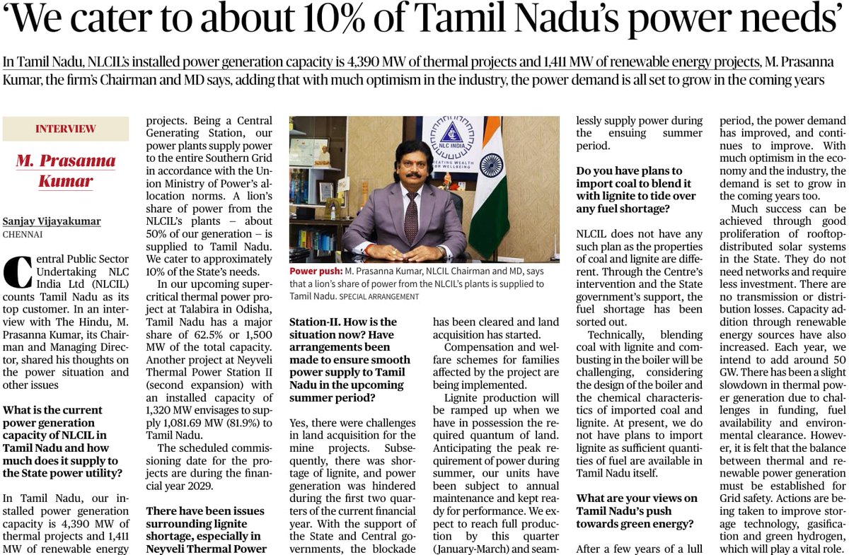 “A Lion’s share of Power from the NLCIL’s plants is supplied to Tamil Nadu” – Shri. Prasanna Kumar Motupalli, Chairman and Managing Director, NLC India Limited. #NLCIL #NLCILForTamilNadu #CMDInterview #NLCILForTheSociety #LionsShareofPower