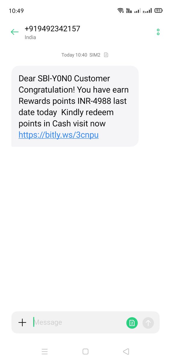 Dear <a href="/TheOfficialSBI/">State Bank of India</a> I have received a fishing message may be from cyber criminals. Please do the appropriate action.