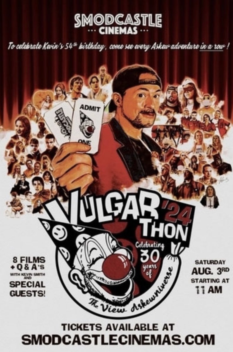 VULGARTHON ‘24 is on AUGUST 3 at @SmodCinemas! See every Askewniverse epic in a row! Clerks Mallrats Chasing Amy Dogma J&SB Strike Back Clerks II J&SB Reboot Clerks III Theater 1 & 2 are SOLD OUT! Theater 3 (with 11am start) now on sale! Get tickets here: smodcastlecinemas.com/movie/Vulgarat…
