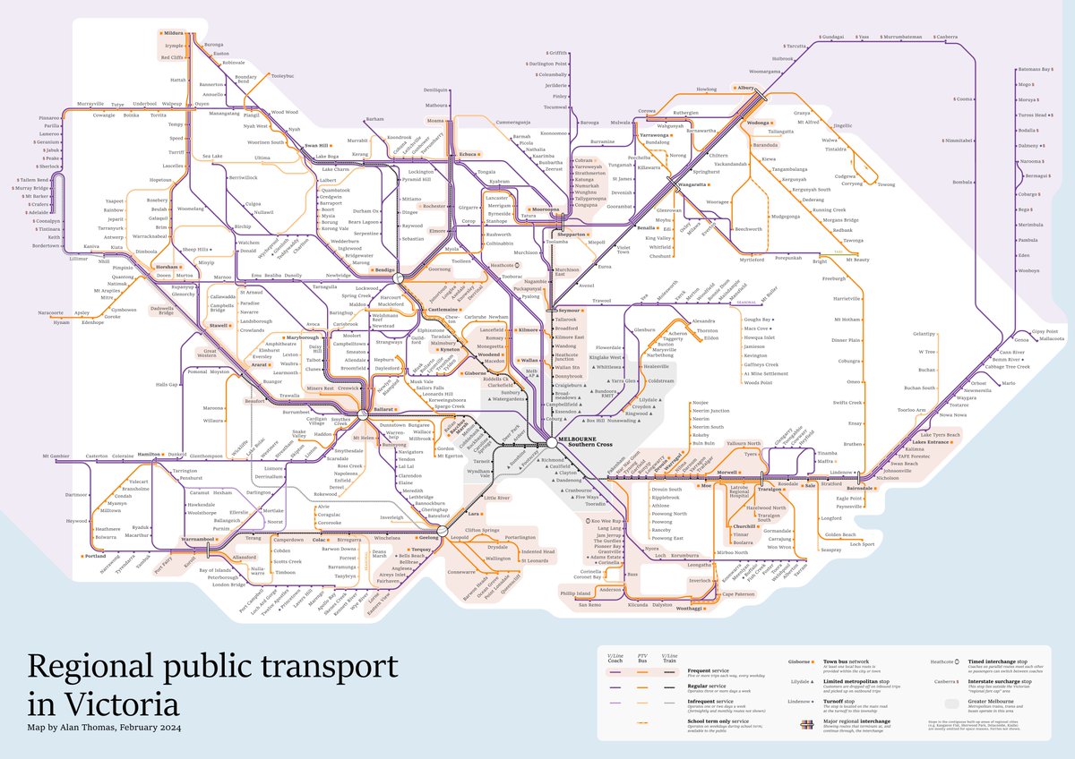 atlight_alan's tweet photo. A map of every regional public transport service in Victoria - including #VLine coaches and non-urban regional buses.

It might look like we have a comprehensive "network", but most of these routes run daily or even weekly.

Full resolution and FAQs at https://t.co/A84qIortYw https://t.co/9B5M5BRp9x