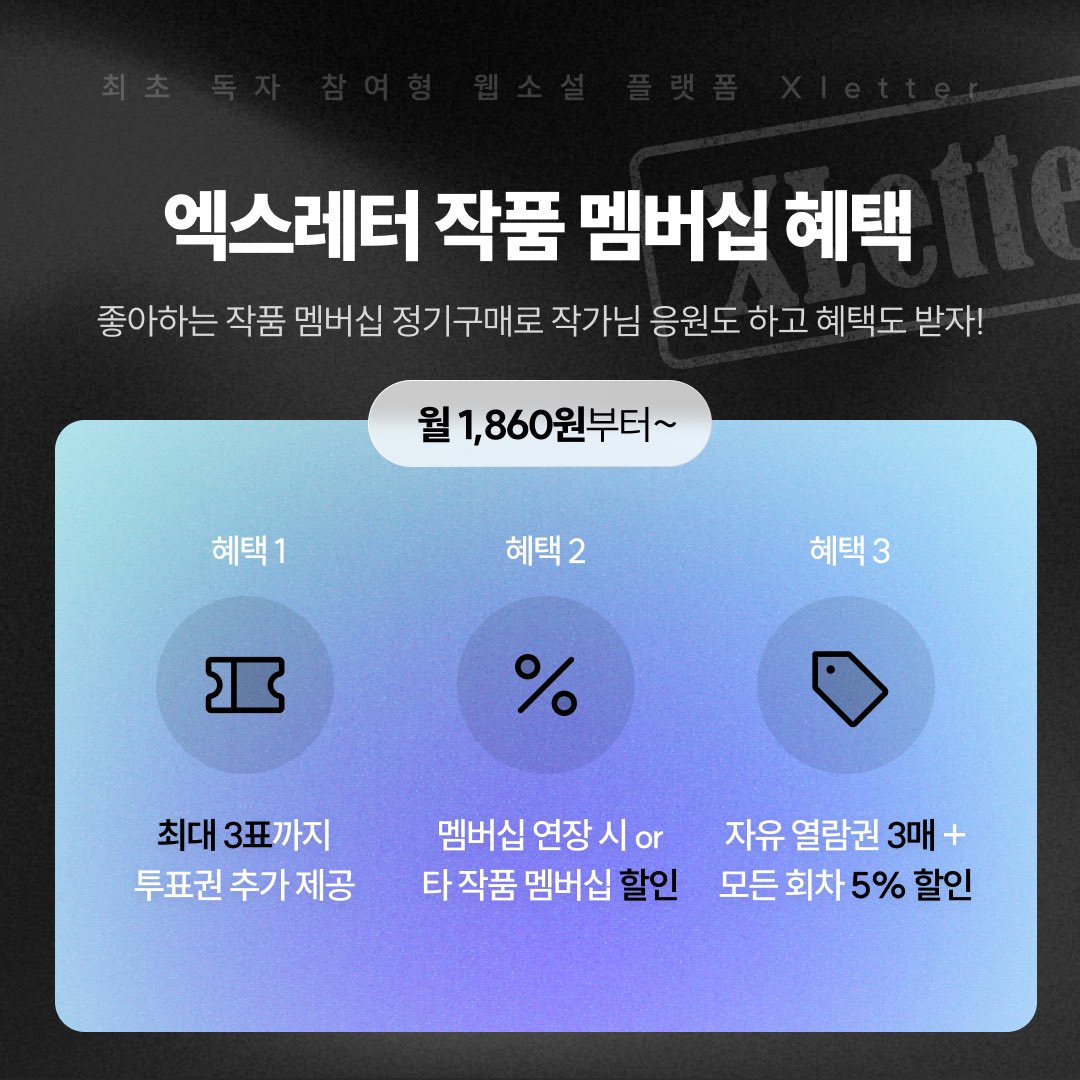 참여형 웹소설 플랫폼 <a href="/Xletter_Labs/">X-Letter Labs</a>가 맴버십 판매를 시작했습니다! 🎉 엑스레터는 이화체인에서 시작되어 다수의 웹3 해커톤 수상으로 주목받고 있는데요👇
멤버십 혜택으로는:
✅추가 투표권 최대 3개
✅멤버십 연장 or 타 작품 멤버십 할인 혜택
✅자유 열람권 3매 + 모든 회차 5% 할인