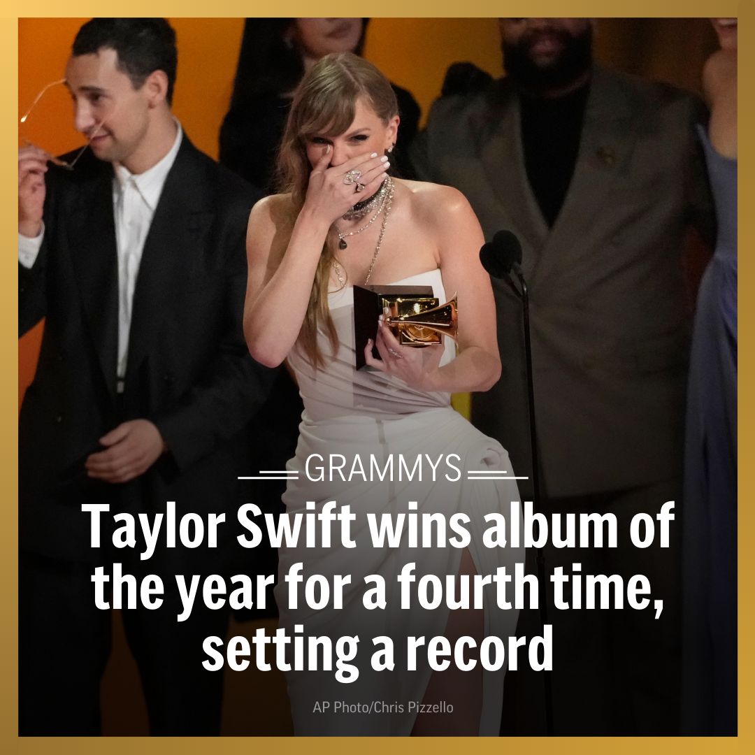 AP's tweet photo. Taylor Swift won album of the year at the Grammy Awards for “Midnights.”

With it, she breaks the record for the most album of the year wins — at four. https://t.co/seS3m40zmT https://t.co/demDsYaUT8