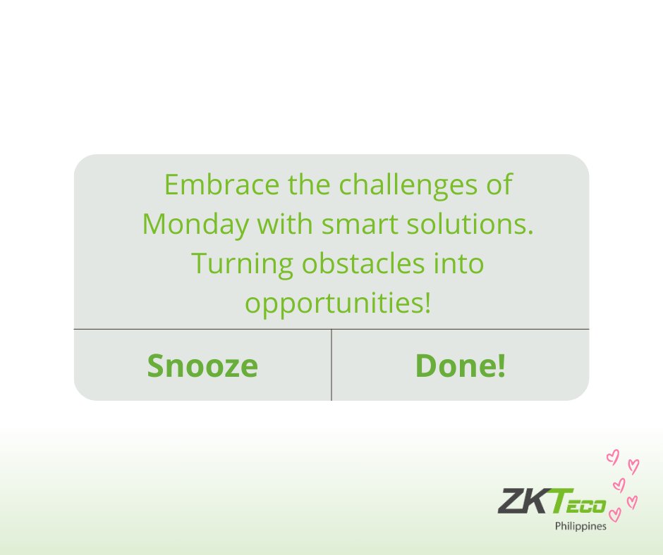 Mondays are for smart solutions! Kickstart your week by solving challenges with innovative ideas and a positive mindset.

#MondayMotivation #SmartSolutions #BiometricAccess #Enhancesafety #ZKTecoSmartSolutions #ZKTecoSafety #ZKTecoSafety #ZKTeco #ZKTecoPH #Biometrics
