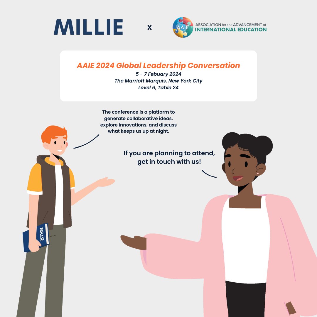 Join Millie in NYC at AAIE 2024 Global Leadership CONVERSATION! If you are planning to attend, get in touch or come visit Millie at table #24, 6th floor at The Marriott Marquis New York City.

#AAIE #AAIE2024 #GLOBALLEADERSHIPCONVERSATION #Internationalschools #NewYork