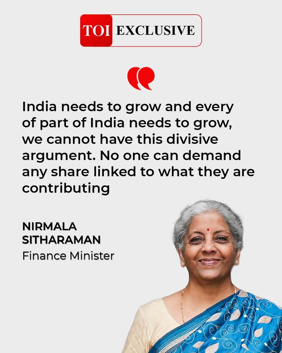 @nsitharaman #TOIExclusive | 'Even within states, there are pockets which contribute more, and they can’t ask for a bigger share....as MPs, haven’t people sworn by the Constitution? Every state that speaks in this voice should look within'

Finance Minister @nsitharaman in an exclusive